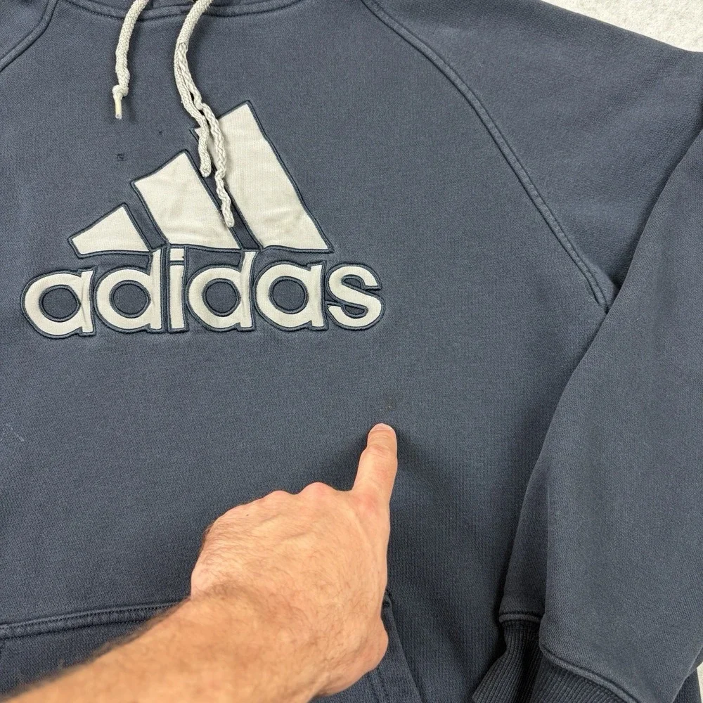 Adidas‎ Hoodie Mens Large Blue Embroidered Logo Distressed Grunge Pullover Y2K